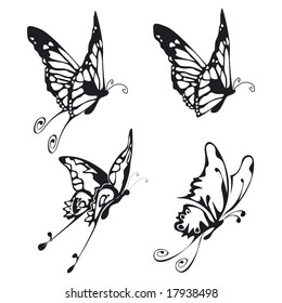 four illustration of fliyng buttefly black on white