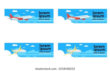 Cuatro ilustraciones de aviones volando a través del cielo, con el avión, el cielo azul y las nubes como el foco principal.