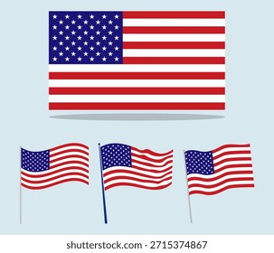 Cuatro ilustraciones de la bandera americana incluyendo un diseño plano y tres versiones mostradas ondeando con gracia.