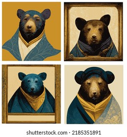 Four illustrations of bears in portrait style - inspired by Vermeer