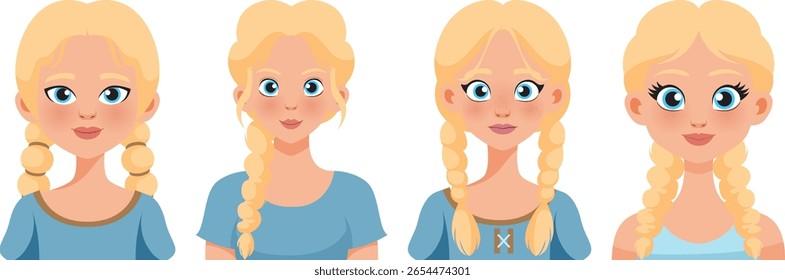 Quatro ilustrações de uma mulher loira