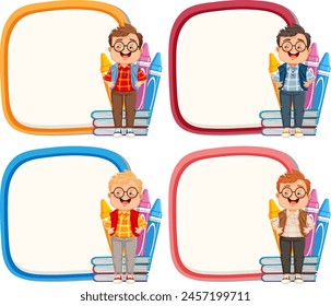 Four illustrations of a boy with different backpacks.