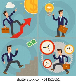 Four Illustrations of Cartoon Character Successful Businessman