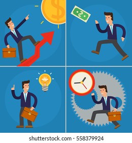 Four Illustrations of Cartoon Character Successful Businessman