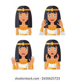 Four illustrations of a cartoon Egyptian woman displaying different facial expressions: surprise, fear, sadness, and shock.  The character is consistently dr...