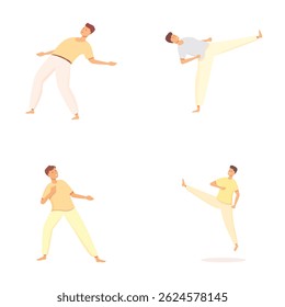 Four illustrations of cartoon people in different yoga positions, promoting wellness and balance
