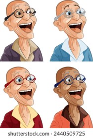 Four illustrations of cheerful elderly individuals