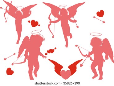 Four illustrations of Cupid with arrow, hearts and bows