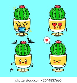 Four illustrations of a cute cartoon cactus representing different emotions, playing with a smartphone, in love, scared by a spider and bats, and sending a kiss