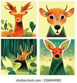 Cuatro ilustraciones de un ciervo - Estilo de dibujo infantil