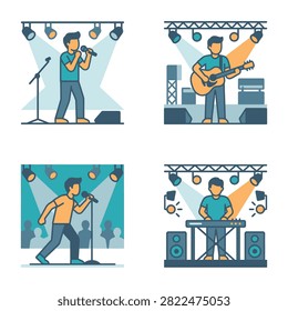 Four illustrations depict musicians performing live on stage. One sings into a microphone, another plays guitar, and a third plays a keyboard. The fourth illustration shows a singer with a crowd in the background.