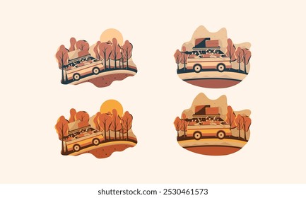 Cuatro ilustraciones representan una camioneta llena de personas felices conduciendo a través de un bosque otoñal.