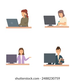 Four illustrations depicting professionals working on computers with varying expressions