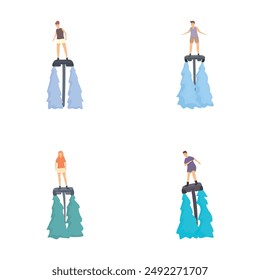 Four illustrations depicting women practicing paddleboard yoga on calm waters