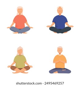 Cuatro ilustraciones de personas mayores en varias poses de meditación, promoviendo el bienestar y la atención plena