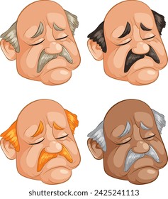 Four illustrations of elderly men with sorrowful expressions
