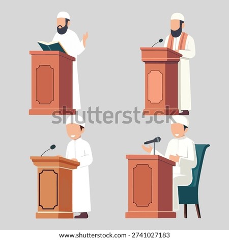Four illustrations of men in white robes and turbans giving speeches or presentations from wooden podiums in various settings
