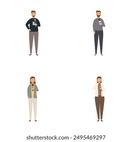 Four illustrations of modern workers in casual business attire holding smartphones