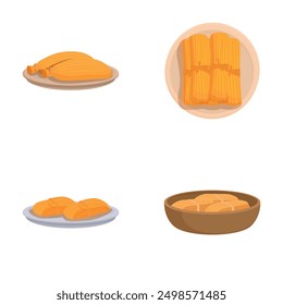 Four illustrations of mouthwatering mexican tamales, representing diverse fillings and wrappings