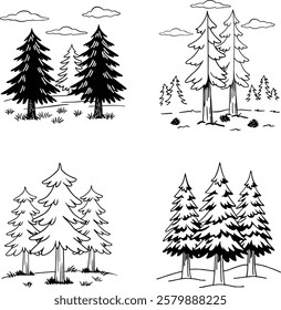 Four illustrations of a pine forest, rendered in black and white line art.