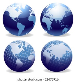 Four illustrations of shiny world globes