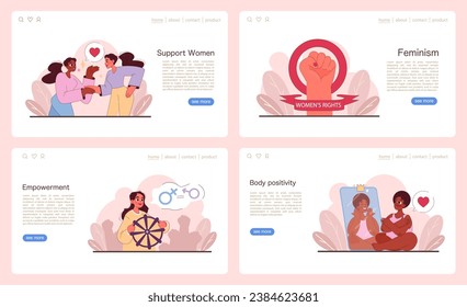 Cuatro ilustraciones mostrando a diversas mujeres expresando amor, unidad, empoderamiento y positividad corporal. Apoyo y amistad de las mujeres. Ilustración vectorial plana.