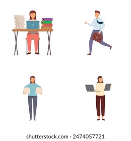 Four illustrations showcasing professionals with workrelated items, representing different occupations