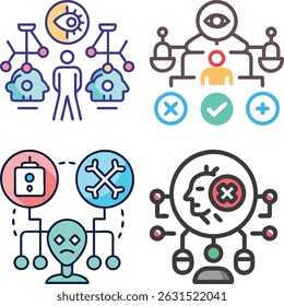 Four illustrations showing different concepts with people and symbols in a colorful style art