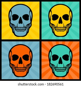 Four illustrations with skulls on pop art background.