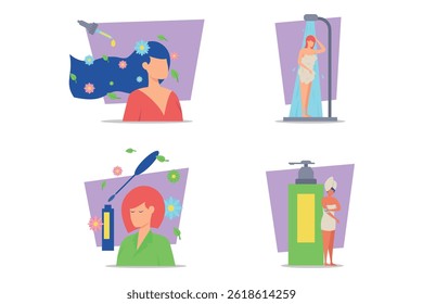 Four illustrations with various beauty activities. Woman with floral hair, enjoying shower, exploring beauty products. Self-care and beauty techniques concept