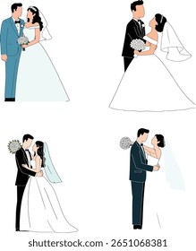 Four illustrations of wedding couples in formal attire, embracing and holding bouquets against a stark black background.

