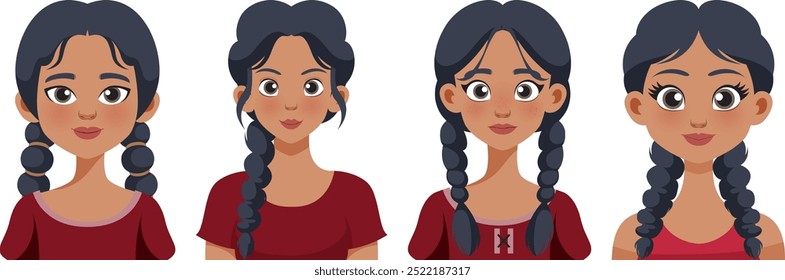 Cuatro ilustraciones de una mujer con trenzas