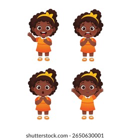 Quatro ilustrações de uma jovem negra expressando diferentes emoções: feliz, assustada, surpresa e chocada.  Cada imagem a mostra em um simples vestido laranja.