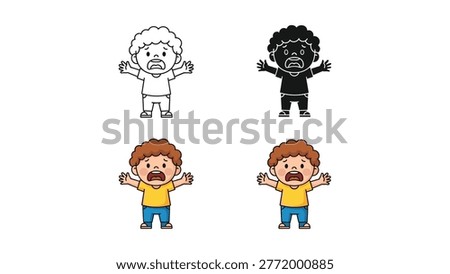 Four illustrations of a young boy with a frightened expression, arms outstretched and mouth open in fear, in outline, silhouette, and two colorful versions.