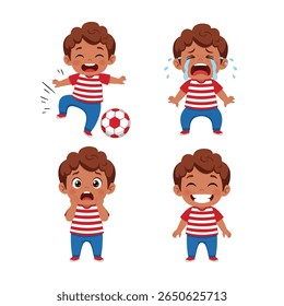 Four illustrations of a young boy showing different emotions: happy playing with a soccer ball, crying, scared, and smiling.
