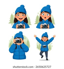Four illustrations of a young woman in a winter hat and jacket holding a camera, expressing different emotions and poses.