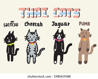 four illustrators of thai local cats standing with two legs and their names above their heads 