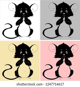 Four images of black mice on different colored backgrounds (white, gray,pink, yellow). Can be used as a print for bed linen, t-shirts and children's clothes