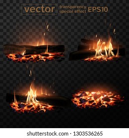 Four images of a burning fire with the effect of transparency of smoke, firewood, coal.