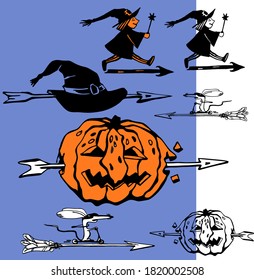 Four images can be used as icons or pointers at a Halloween celebration. Can be used as a pointer, the direction of the arrow.
