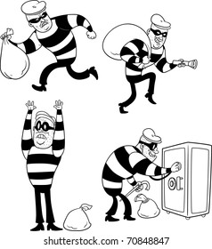 Four images of a cartoon thief. All elements in separate layers for easy editing.
