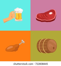 Four images representing oktoberfest vector illustration including hand holding glass of beer, piece of ham, fried chicken, wooden barrel.