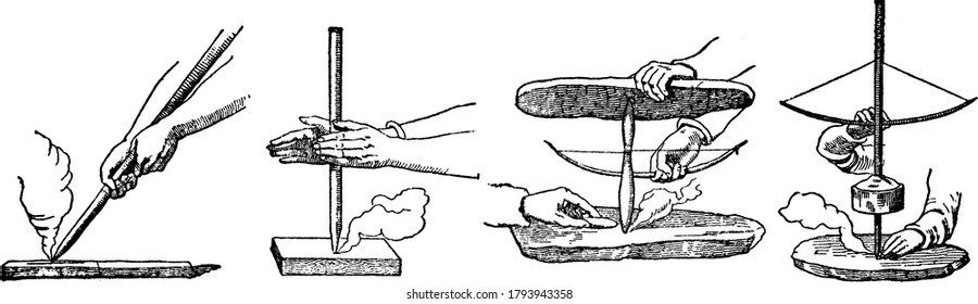 Cuatro imágenes que muestran métodos primitivos de hacer fuego, dibujo de líneas antiguas o ilustración de grabado.
