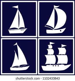 Four images with white cartoon boats on biue background