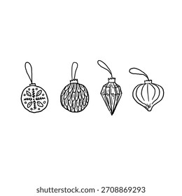 Four individual bauble illustrations, drawn by hand in black and grey.