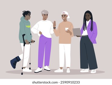 Four individuals discuss ideas and foster a sense of community, showcasing a blend of backgrounds and experiences in a vibrant, contemporary office atmosphere