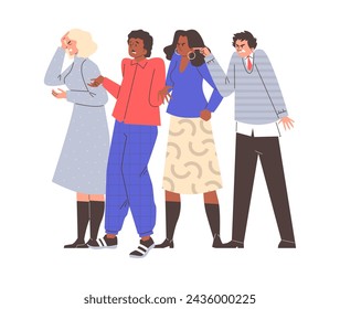 Four individuals display varied emotional responses in a complex interaction, shown in this engaging vector illustration of a group discussion.