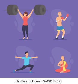 Four individuals engaged in different fitness activities, showcasing strength training, boxing, yoga, and meditation