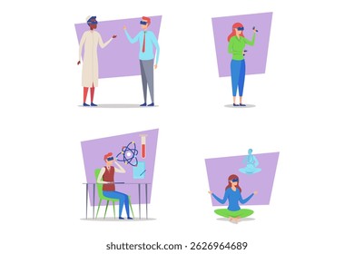 Four individuals engaged with virtual reality technology in various settings, showcasing its applications in education and healthcare