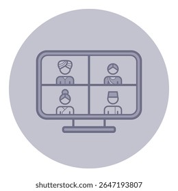 Four individuals on digital monitor engaged in virtual meeting. Each person focused and dressed in traditional attire, highlighting collaborative work environment